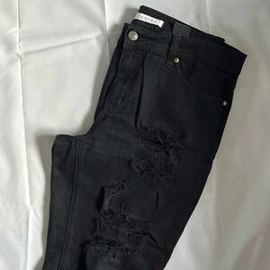 EUNINA Boyfriend Solid Black Mid Rise Distressed Straight Denim Jeans, Size 11
